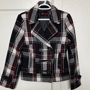 Women’s Tartan Plaid Double-Breasted Peacoat Black Red White Wool Blended Size S
